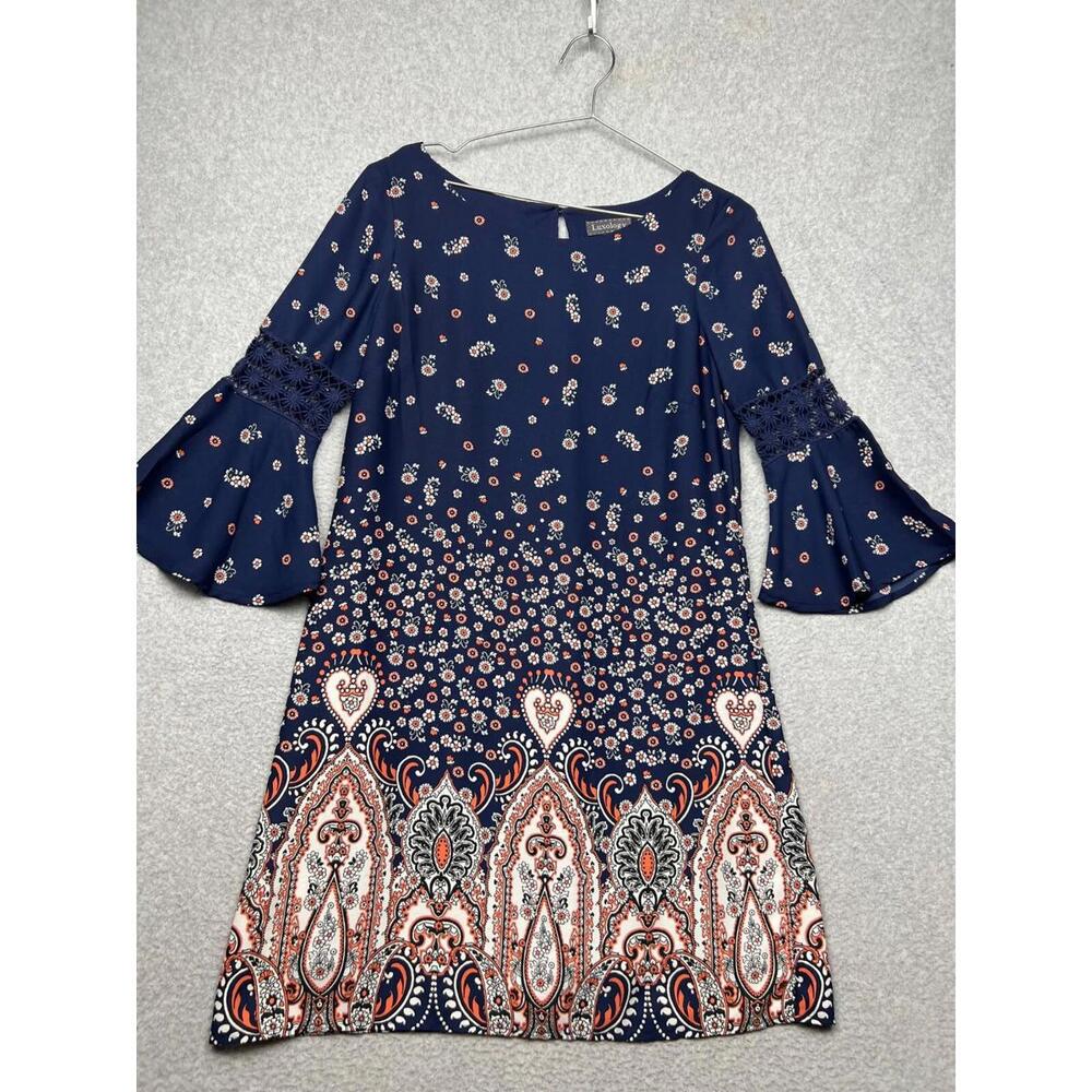 Luxology Shift Swing Dress Womens Size 4 Navy Crochet Paisley Print Bell Sleeves